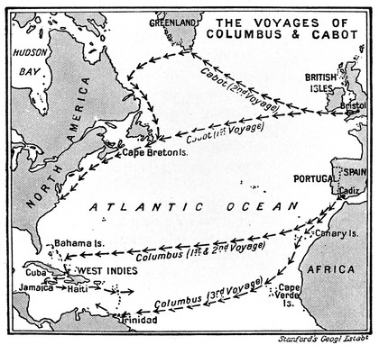 Map of the voyages of Columbus and Cabot.