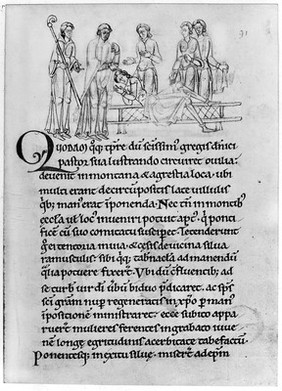 M0008000: St Cuthbert healing a young man with plague, 12th century