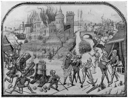 M0008015: Attack on a castle, c.1460, from Salzman: <i>English life in the middle ages</i> (1926)