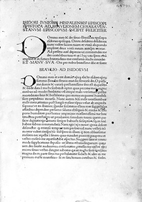 M0008038: Isidore of Seville: <i>Etymologiae</i> (1472): first page