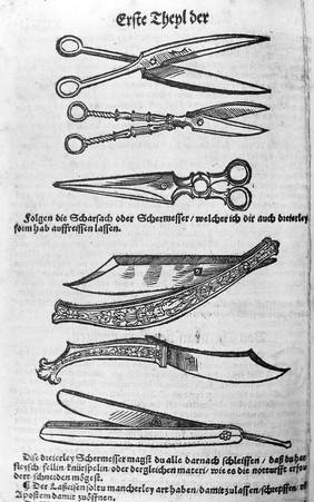 M0008253: Woodcut of surgical scissors and razors