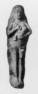 Babylonian prototype of the Madonna and child, Astarte. Possible votive offering from woman recovered from childbirth. Original in the British Museum.