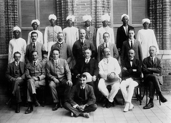 Henry Solomon Wellcome (seated centre) with staff of the Wellcome Tropical Research Laboratories, Khartoum. Copy photograph, 1923, after the (1910?) original.