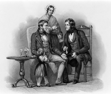 A male patient surrounded by his family discussing his illness with a physician. Engraving.