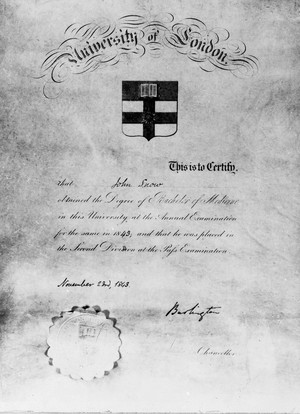 view John Snow's certificate for M.B. University of London, 1843