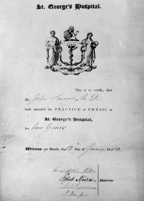 John Snow's certificate, St. George's Hospital, 1850.