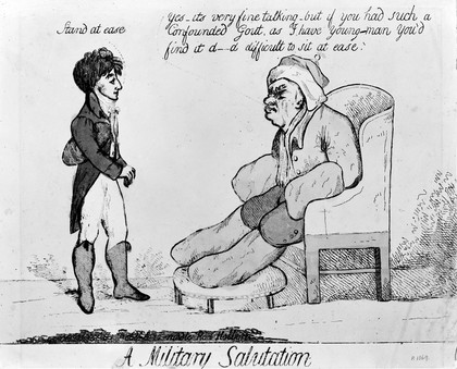 A gouty invalid conversing with a a young man. Coloured etching.