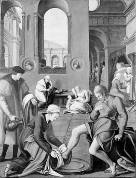 Interior of a hospital with a woman washing a man's feet. Oil painting.