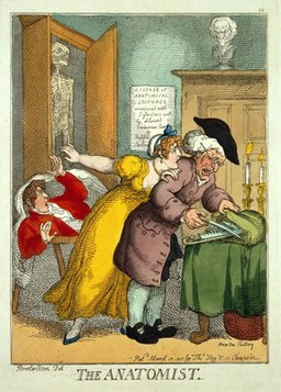 An aged anatomist selecting his dissection instrument while a young woman tries to warn that his subject is alive. Coloured etching by T. Rowlandson, 1811.