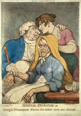 A lecherous doctor taking the pulse of an old woman while fondling a young one. Coloured etching by T. Rowlandson, 1810.