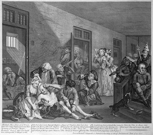 view Hogarth's The Rake's Progress; scene at Bedlam.