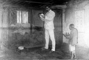 view Patrick Manson experimenting with filaria sanguinis-hominis on a human subject in China. Painting by E. Board, ca. 1912.