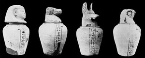 view Egyptian terracotta sepulchial vases in shapes, 1 Genius Amset, 2 Genius Hapi, 3 Genius Tuantmutf, 4 Genius Kalhsenuf, XXVI Dynasty.