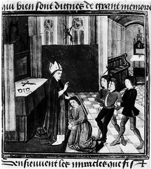 view Bishop exorcising possessed men, French 15th C