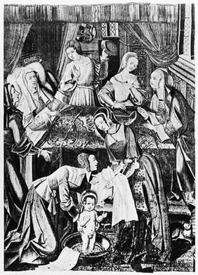 Saint Remy bathed by his nurses. Tapestry no.7, in Rheims Cathedral.