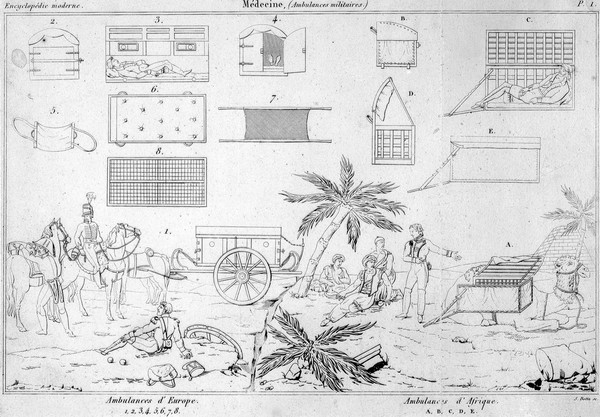 Diagrams illustrating military ambulances of Europe and Africa with their interior design and basic equipment. Etching by S. Botta.