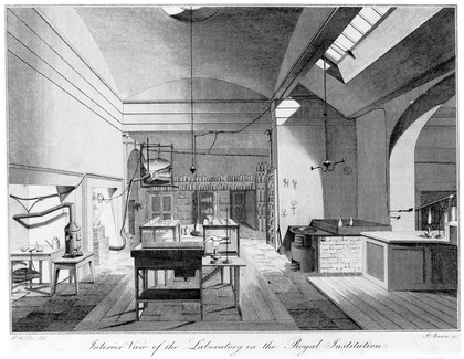 The Royal Institution, Albemarle Street: the laboratory. Engraving by J. Basire, 1818, after W. Tite.