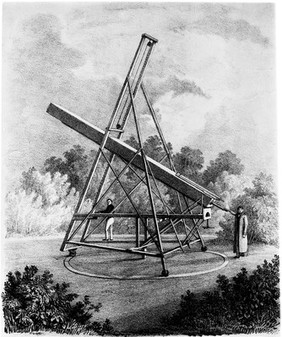 Astronomy: a large refracting telescope, in use outdoors. Lithograph by W. Eldridge, 183-.