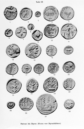 Coins showing Aehren bis styrax (Kranz von Styraxblattern).