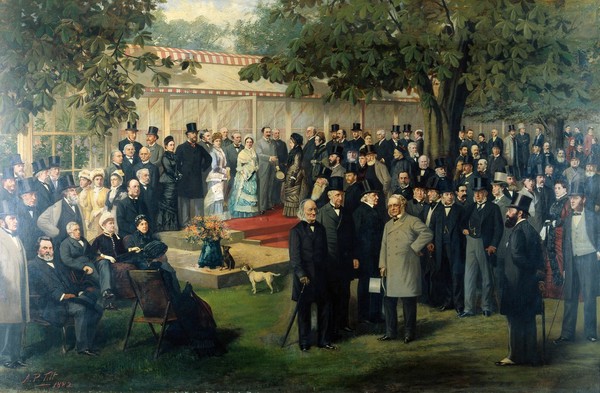 Baroness Burdett-Coutts' garden party at Holly Lodge, Highgate, for members of the International Medical Congress, 1881. Oil painting by Archibald Preston Tilt and/or Alfred Preston Tilt and/or Arthur Preston Tilt, 1881-1882.