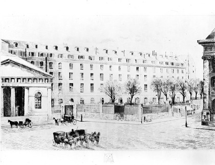The Hospital Dieu, Paris: view of the portico. Etching.
