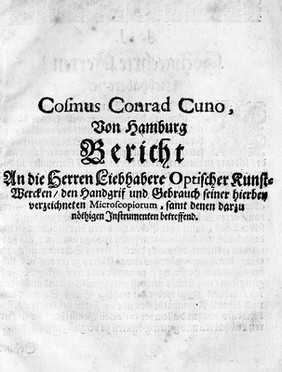 M0009995: Cuno: <i>Bericht an die Herren Liebhabere Optischer Kunstwercken</i>, c.1730: title page