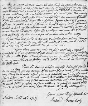 M0010120: Final page of a letter from Richard Brocklesby to Martin Folkes, 1747