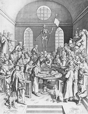 An anatomical dissection by Pieter Pauw in the Leiden anatomy theatre. Engraving by Andries Stock after a drawing by Jacques de Gheyn II, 1615.