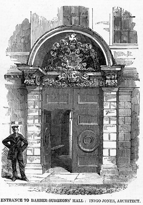 Hall of the Barber-Surgeons' Company, Monkwell St., London: entrance.