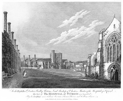Hospital of St. Cross, Winchester, Hampshire. Etching by S. Middiman and W. Byrne, 1780, after T. Hearne.