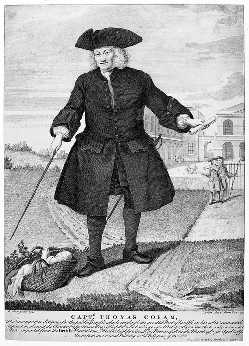 Thomas Coram, in front of his hospital with an infant.