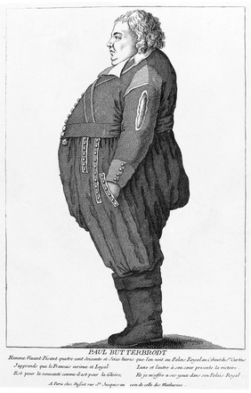 Paul Butterbrodt, a man weighing 476 pounds. Engraving.