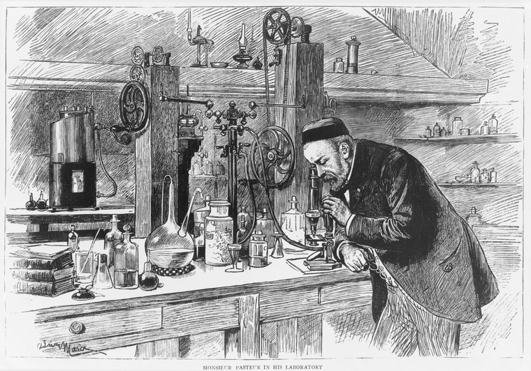 Portrait of Louis Pasteur in his laboratory using a microscope ...