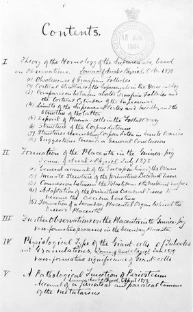 Contents page to 'Studies in Bioloy and Pathology' in Creighton's handwriting