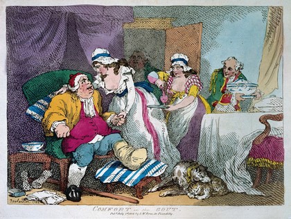 A gouty man seeking comfort in licentious surroundings. Coloured etching by T. Rowlandson, 1785.
