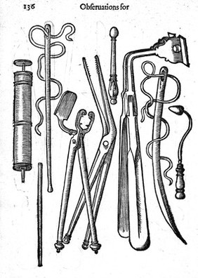 M0010398EA: Surgical instruments for the use in military surgery, from Clowes: <i>A profitable and necessarie booke of observations</i>, 1637