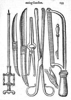 M0010398EB: Surgical instruments for the use in military surgery, from Clowes: <i>A profitable and necessarie booke of observations</i>, 1637