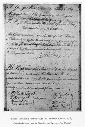 John Hunter's signature. House Surgeons' Certificate to Thomas Keate.