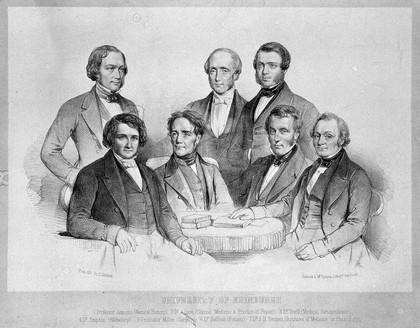 Members of the medical faculty at Edinburgh University, gathered around a table. Lithograph by Schenck and McFarlane after L. Ghémar, ca.1850.