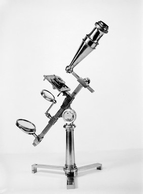 Compound "Universal" Microscope designed and made by George Adams - circa 1798. Body supported on vertical pillar by compass joint.