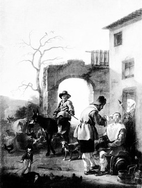 Oil painting of a barber shaving a man in a village. Painted by Jan Miel and photographed by Anderson.