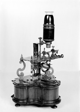 Compound Microscope signed "Johannes de Guevave". Obtained in Naples. With mechanical stage and other interesting mechanical features.