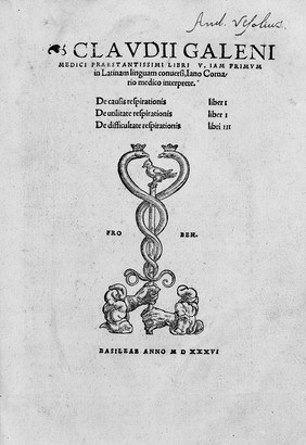 Title page, signature of Vesalius, "De causis respiratione"