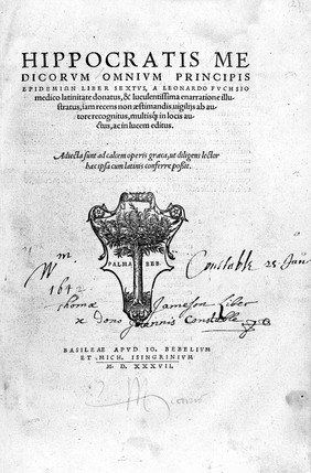 Title page, Hippocratis, Medicorum Omnium Principis, 1536