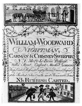 M0011054: Trade card for William Woodward: nightman, carman and chimney sweeper, 18th century.
