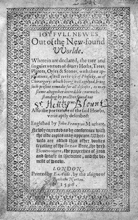 N. Monardes "Joyfull newes...", 1596; title page