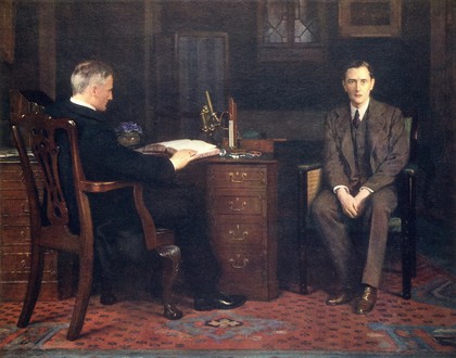 A physician telling a patient that he is going to die: the patient stares out at the viewer. Colour photogravure after the Hon. J. Collier, 1908.