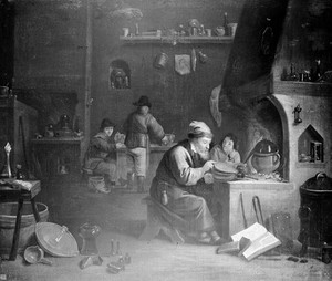 view An alchemist in his laboratory. Oil painting by a follower of David Teniers the younger.