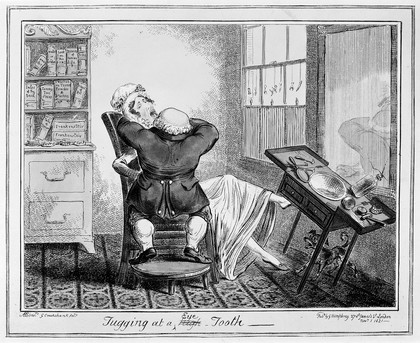 A short dentist (standing on a stool) extracting a tooth from an extremely tall lady who in her agony kicks over his work table. Coloured etching by G. Cruikshank, 1821, after A.E.