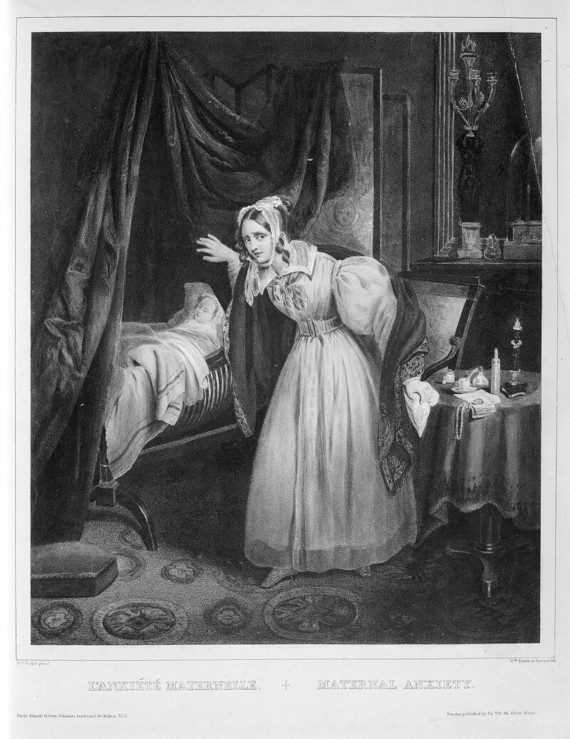 An anxious mother checking on her sleeping baby. Coloured lithograph by ...